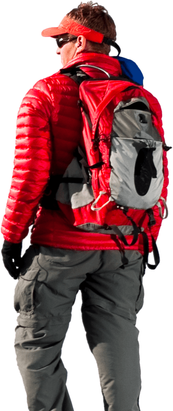 White male hiker in red jacked and backpack